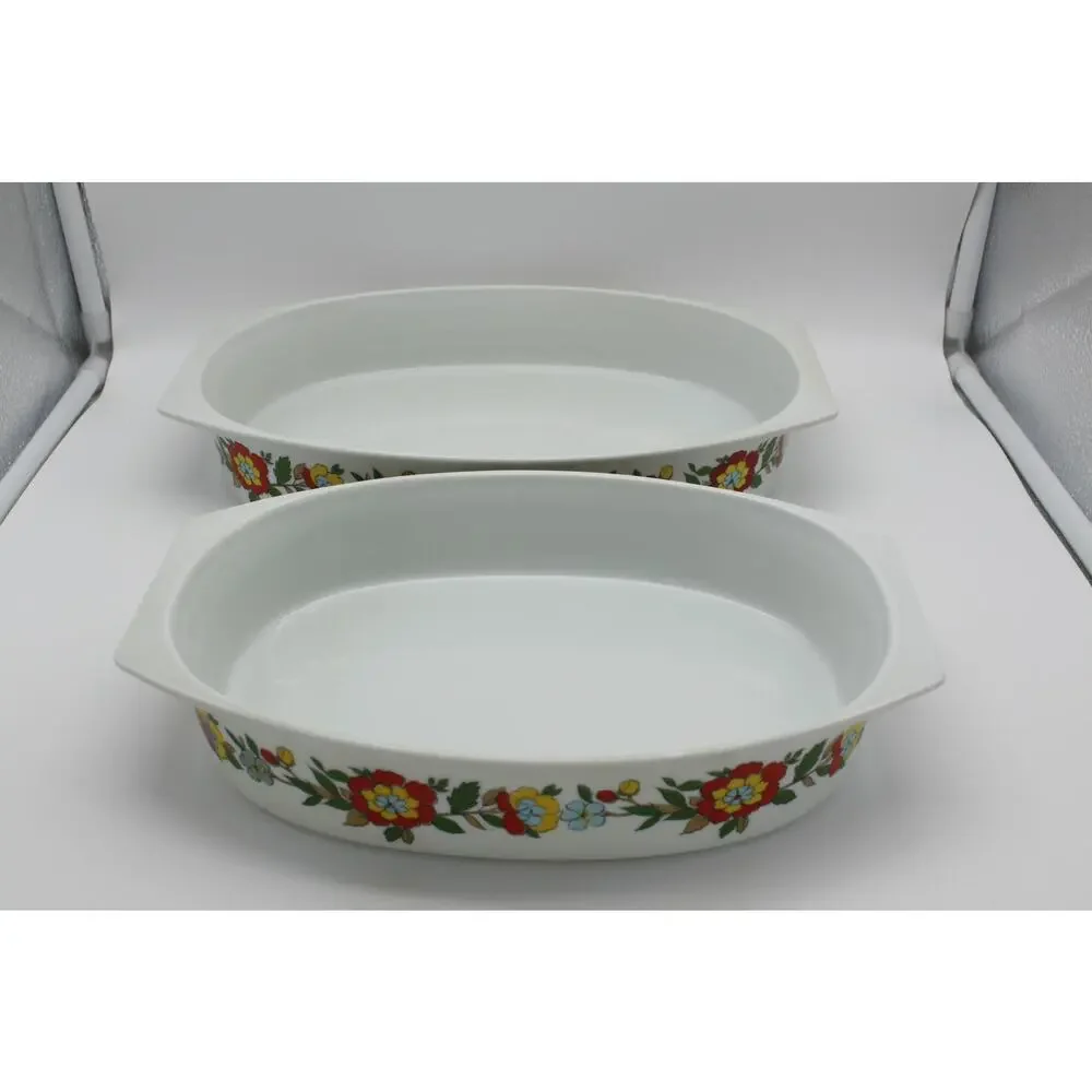 Set of 2 Vtg Real Calorama Floral Genuine Porcelain Oven Ware 64 oz & 48 oz Oval